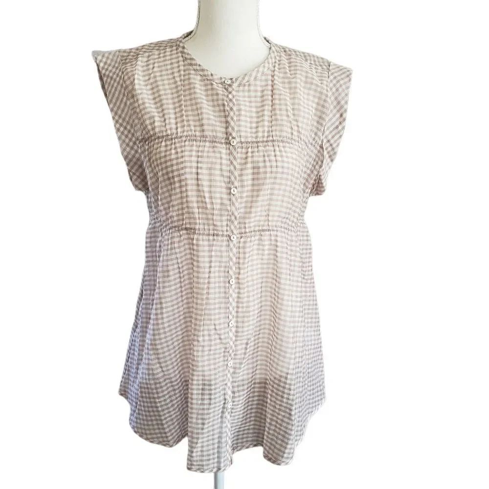 Current Air Brown Gingham Folded Sleeve Hem Button Down Top  XSMALL NWT